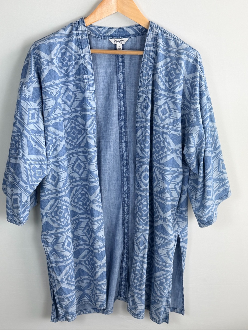 Wrangler Retro Blue Aztec Kimono Cardigan Open Front Lightweight Size M